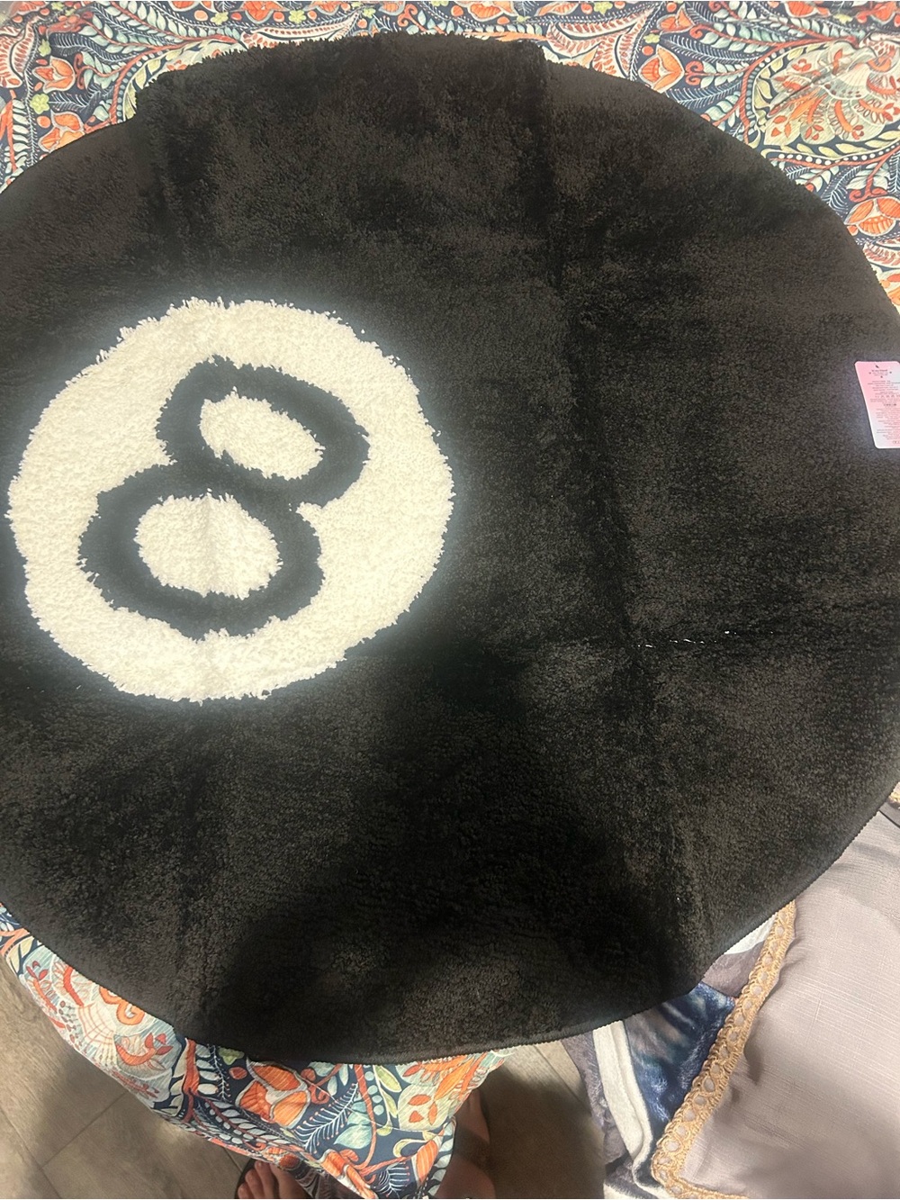 40” Round Black Rug with White 8-Ball Motif